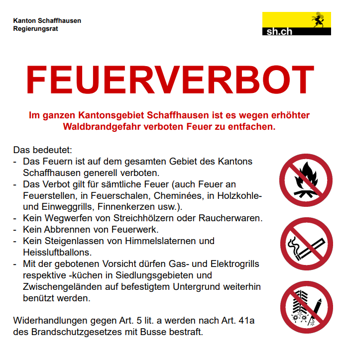 Allgemeines Feuerverbot im Kanton Schaffhausen ab sofort in Kraft