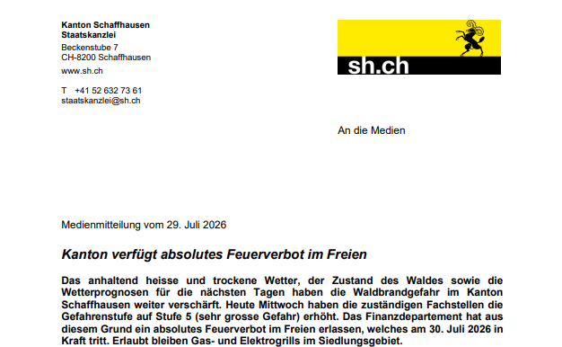 Kanton Schaffhausen verschärft Feuerverbot - absolutes Grill- und Feuerwerksverbot im Freien ab 30. Juli